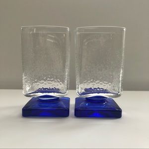 Cristal D’Arques blue stemmed textured barware set of 2 square shape vtg 6 oz